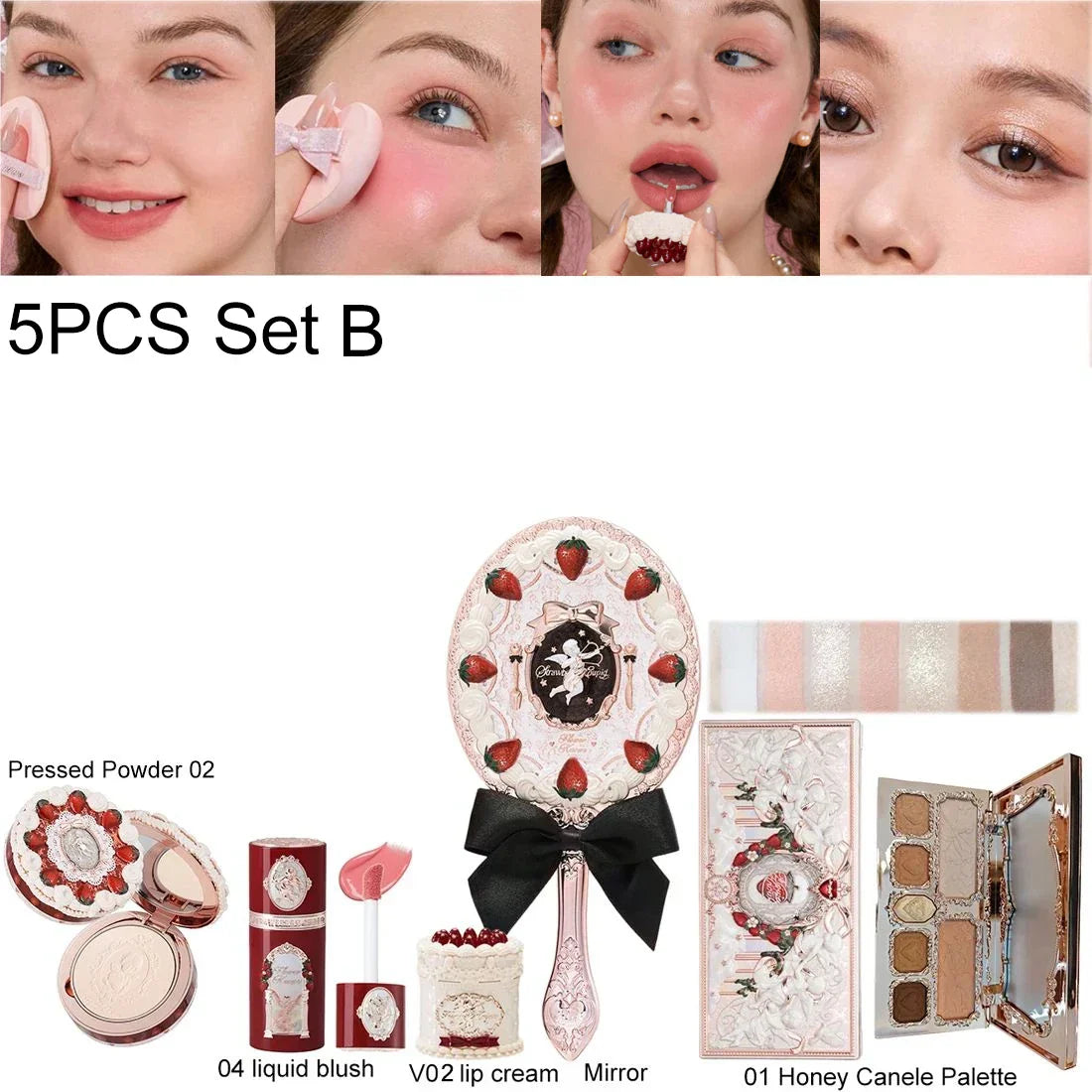 Flower Knows Strawberry Cupid Velvet Matte Lip Cream Pressed Powder Liquid Blush Set Long Lasting Lightweight Makeup