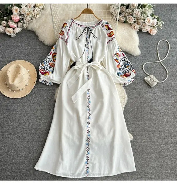 Retro Ethnic Sle Long Sve Embroidered round Ne A-Line Cotton Linen Dr Slimming Waist Cinched Ele Long Dr