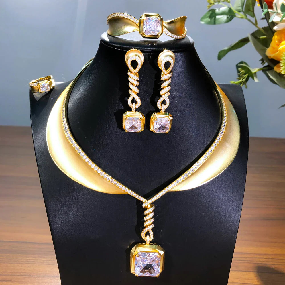 Famous Brand 4PCS Green CZ Luxury African Jewelry Set For Women Wedding Party Zircon Crystal Dubai Bridal Jewelry Set Gift