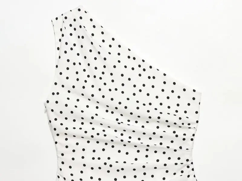 Women One Shoulder Sleeveless Polka Dot Mini Dress Ruched Waist Ruffle Hem Elegant Casual Party Short Dress Spring Summer