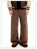 American Retro Men's Brown Casual Baggy Wide Leg Jeans Korean Cartoon Elephant Embroidery Loose Wide Leg Denim Pants Unisex