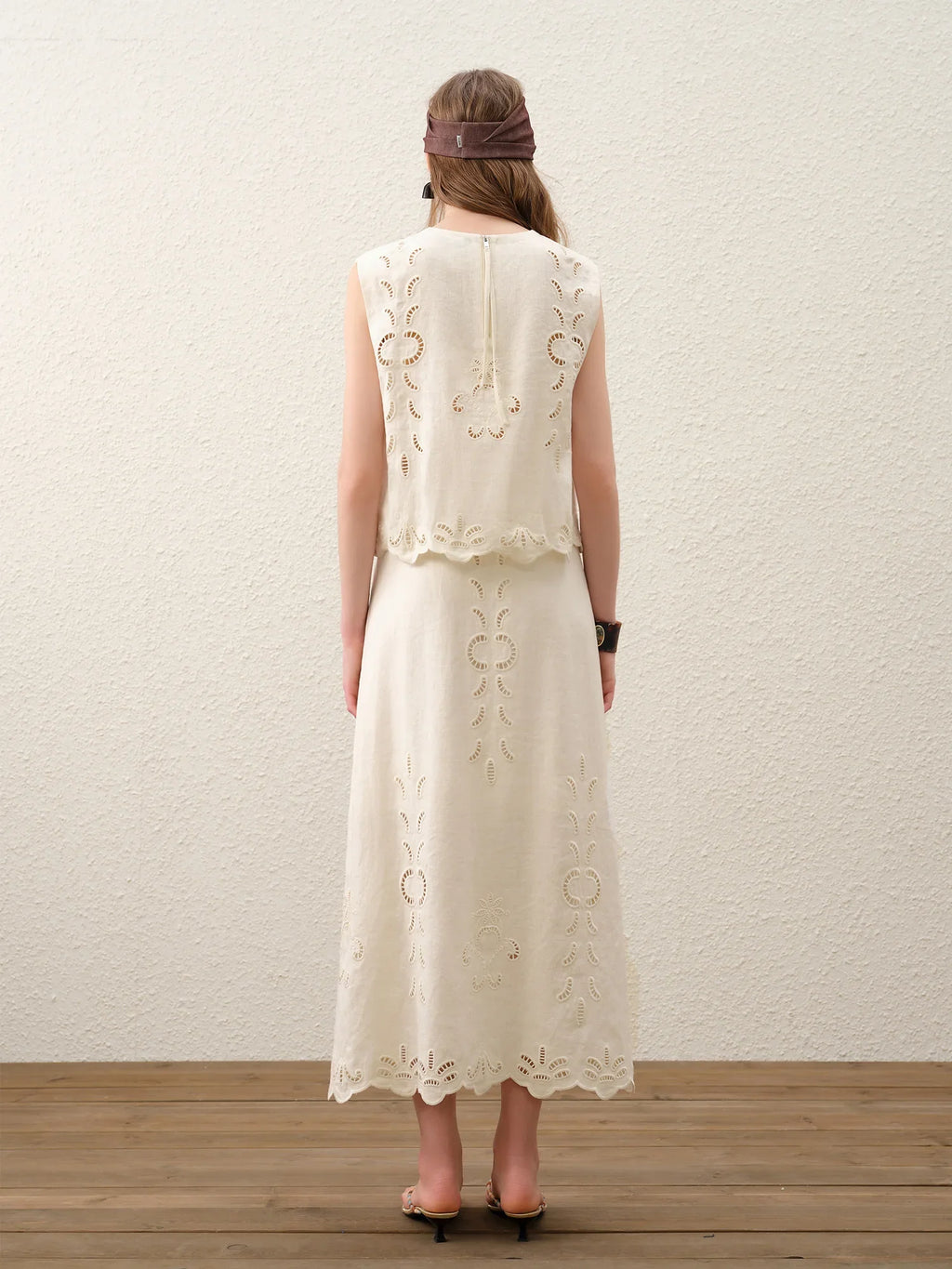 Summer Women Linen Two Piece Set Cut-Out Embroidered Sleeveless Top Midi Skirt Boho Beach Vacation Style