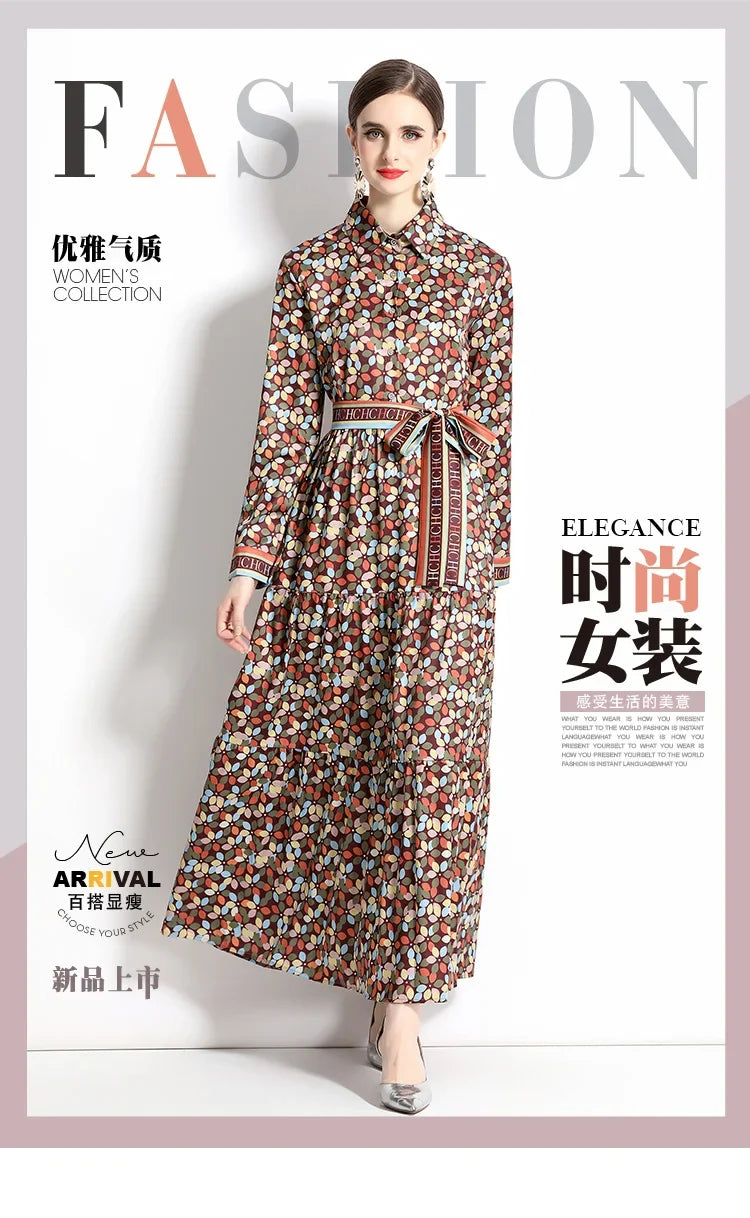 2024 Autumn New Women's European and American Versatile Waist and Slimming Letter Positioning Printed Dress A-line Long Dress