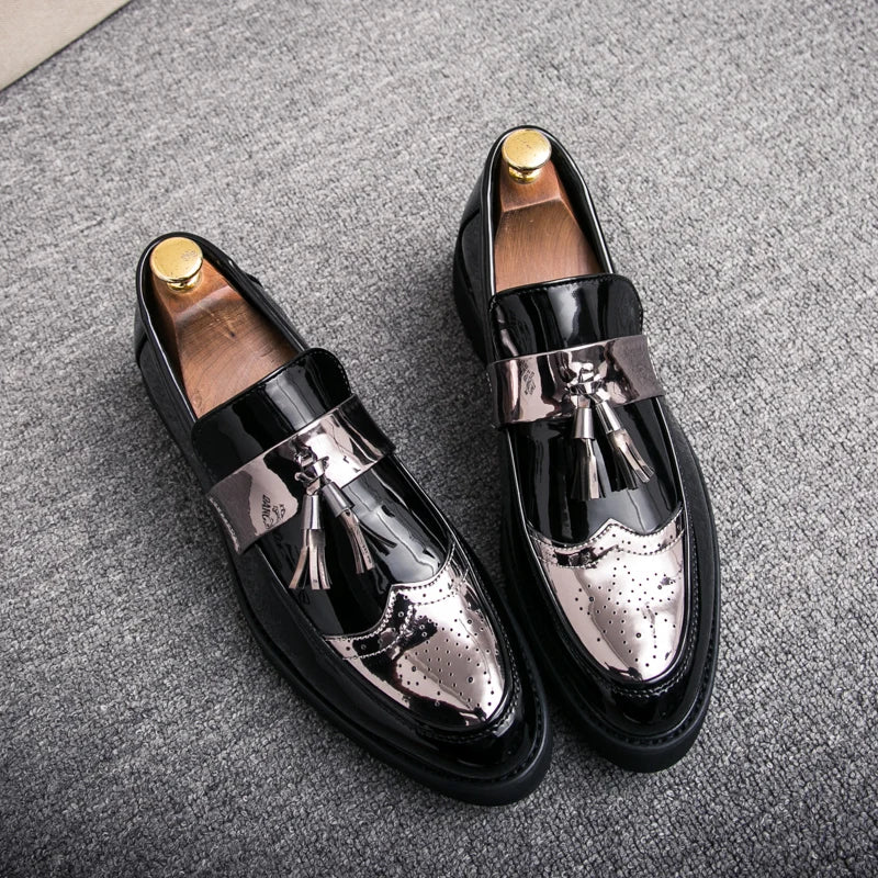 Fashion Golden Men's Casual Slip-On Tassel Patent Loafers Thick Bottom Elevator Shoes Men's Party Shoes Business Shoes Brogue