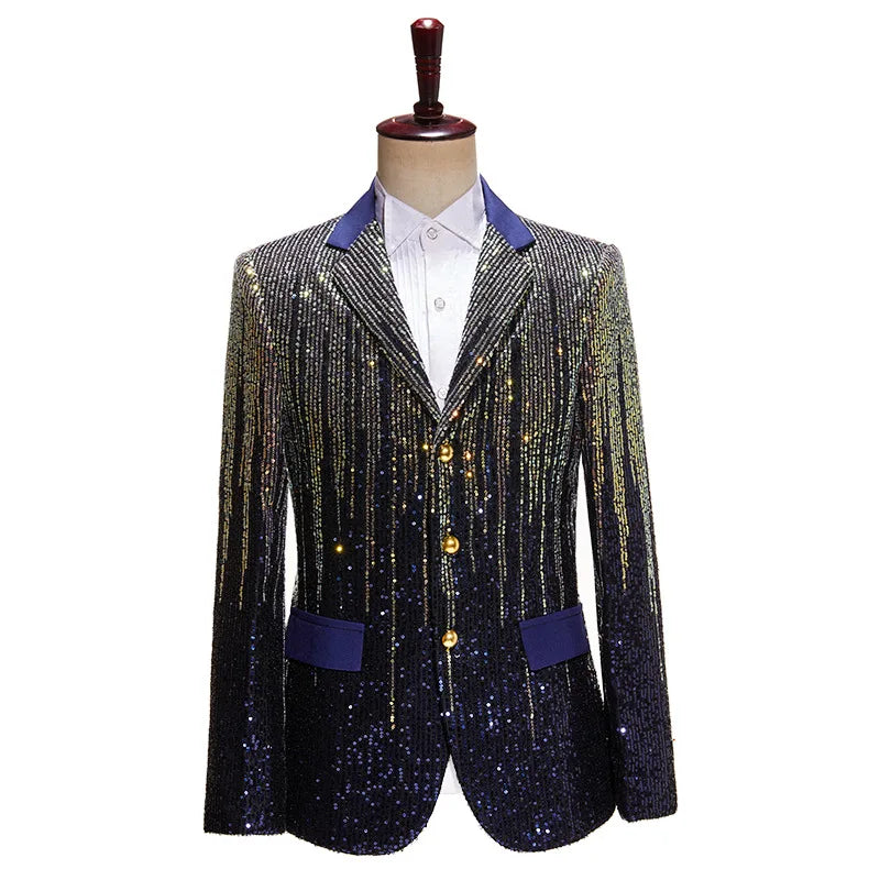 Men's Sparkling Sequin Blazer Jacket Stage Party Suit for Singer Dancer Prom Banquet Chorus Costume