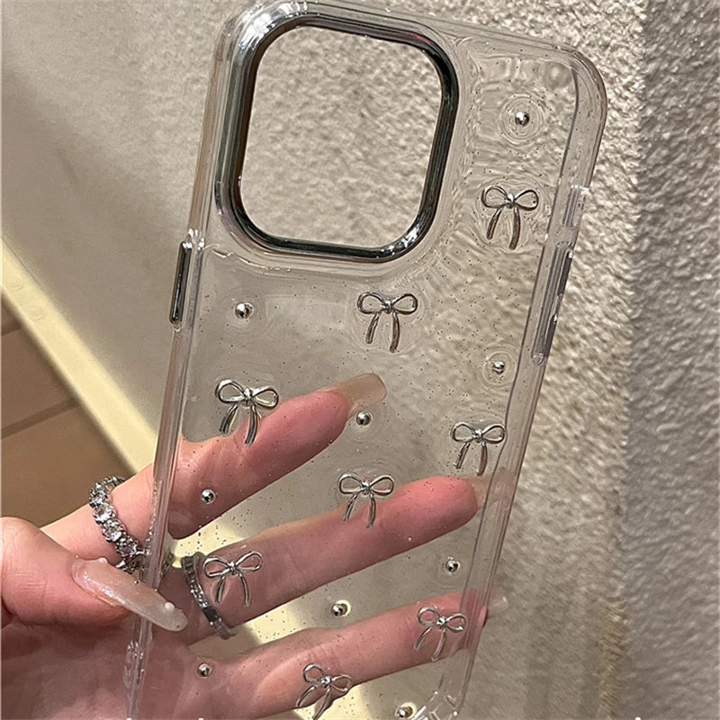 INS Korea Glitter 3D Silver Bow Beads Phone Case For iPhone 16 15 14 13 12 11 17 Pro Max 7 8 Plus X Epoxy Shell Girl Clear Cover