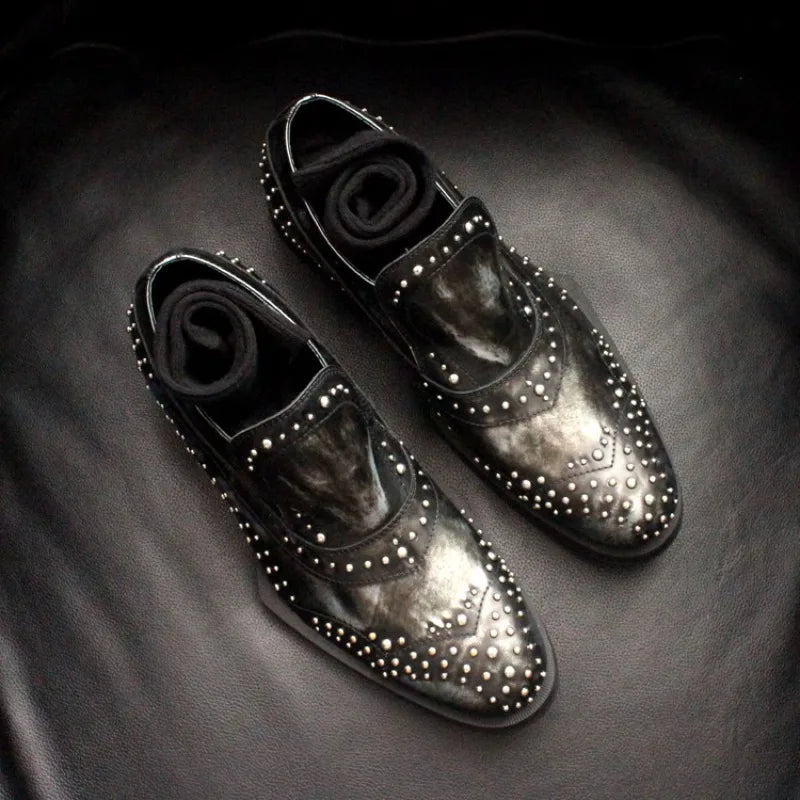 New Shaped Heel Fashion Rivets Leather Shoes Men Handmade Genuine Leather Dress Slip on Loafers Oxfords Office Male Shoes
