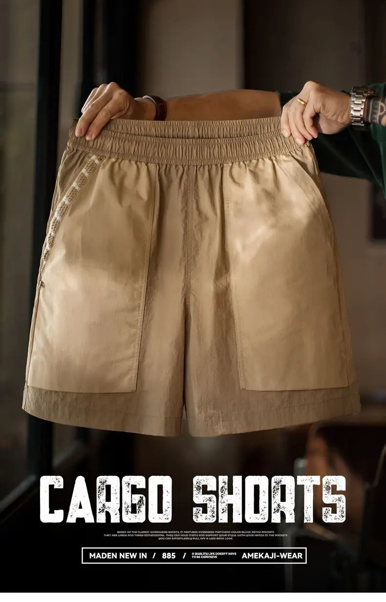 Outdoor Quick-Dry Khaki Cargo Shorts Men's Summer Lightweight Woven Straight Leg Beach Pants Elastic Waist Pocket Shorts