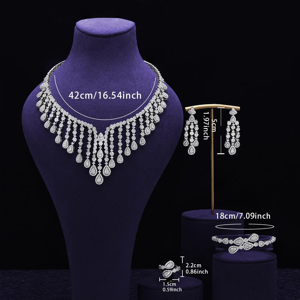 Luxury  4 Pieces Bridal Wedding Jewelry for Women Cubic Zirconia Water Drop Earrings Tassel Necklace Jewelry Sets Party Gift