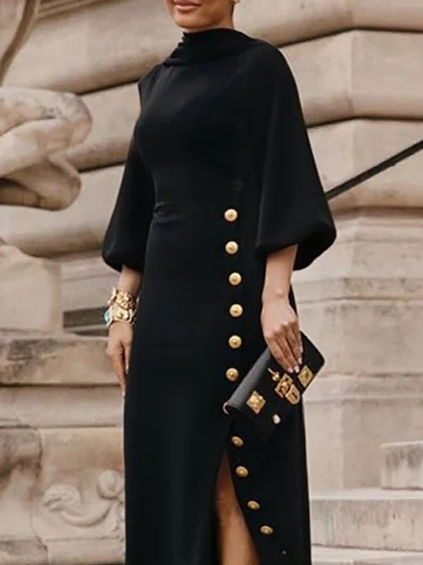 Wedding Prom Evening Gown Party Slit Maxi Dresses for Woman 2025 New Lace Up Gold Button Womens Black Autumn Long Dress