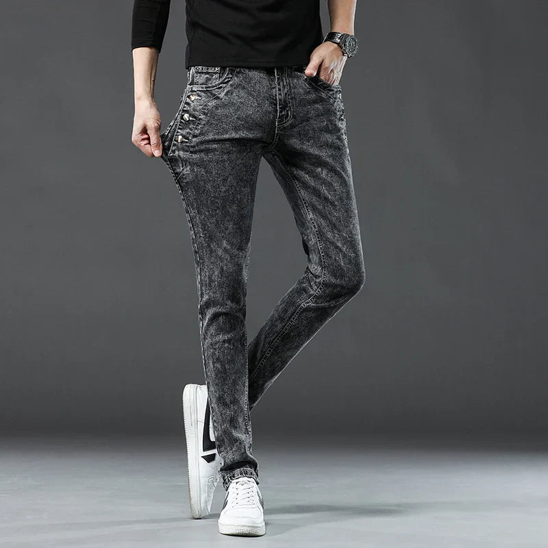 Classic Slim Vintage Fashion Men's Designer Jeans Snowflake Grey Wash Korean Fashion Stretch Pants Multi-button Denim Trousers
