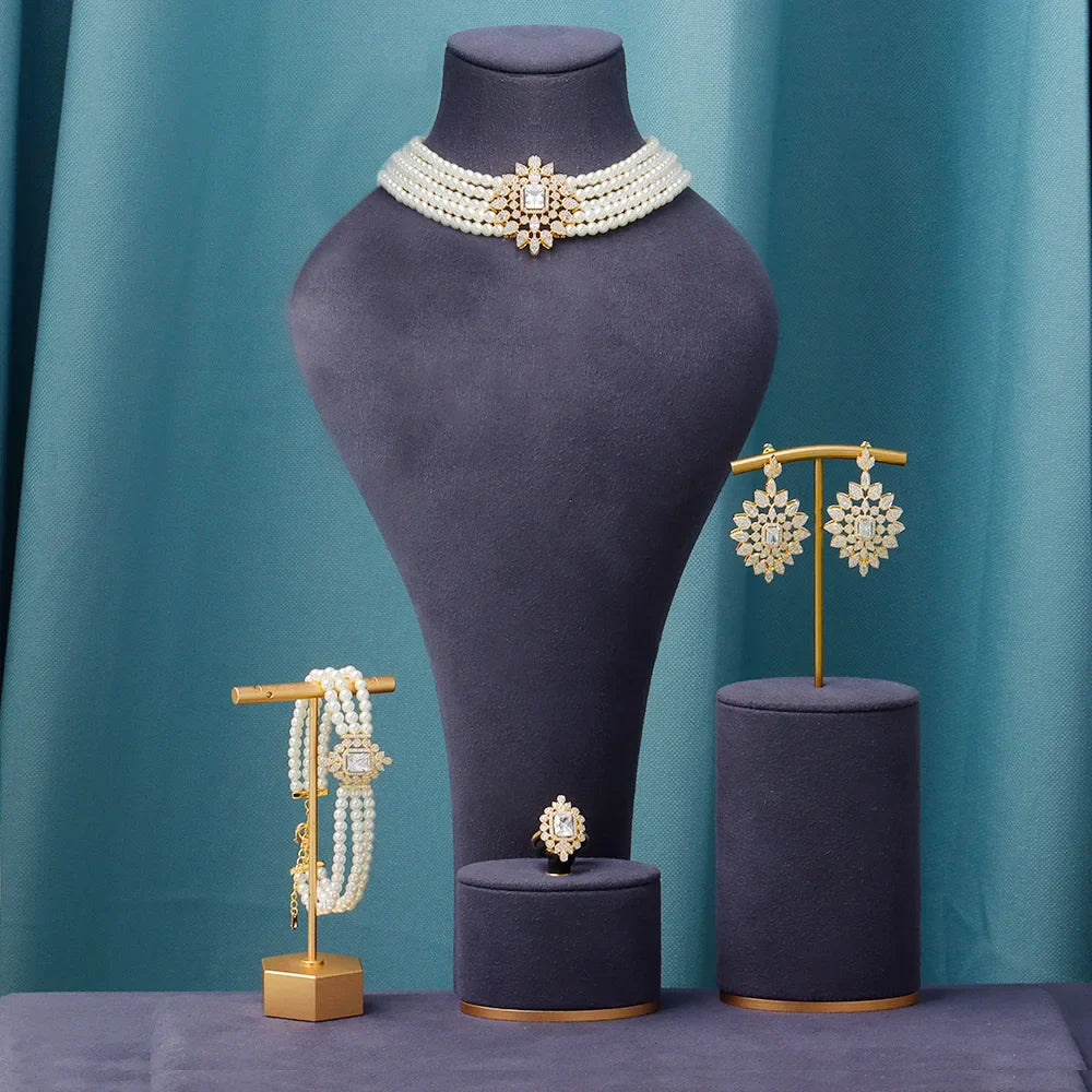 Gorgeous 5 Layered Imitation Pearl Choker with Planet Pendant Necklaces Bracelet Zircon 4PCS Jewelry Set for Women Wedding