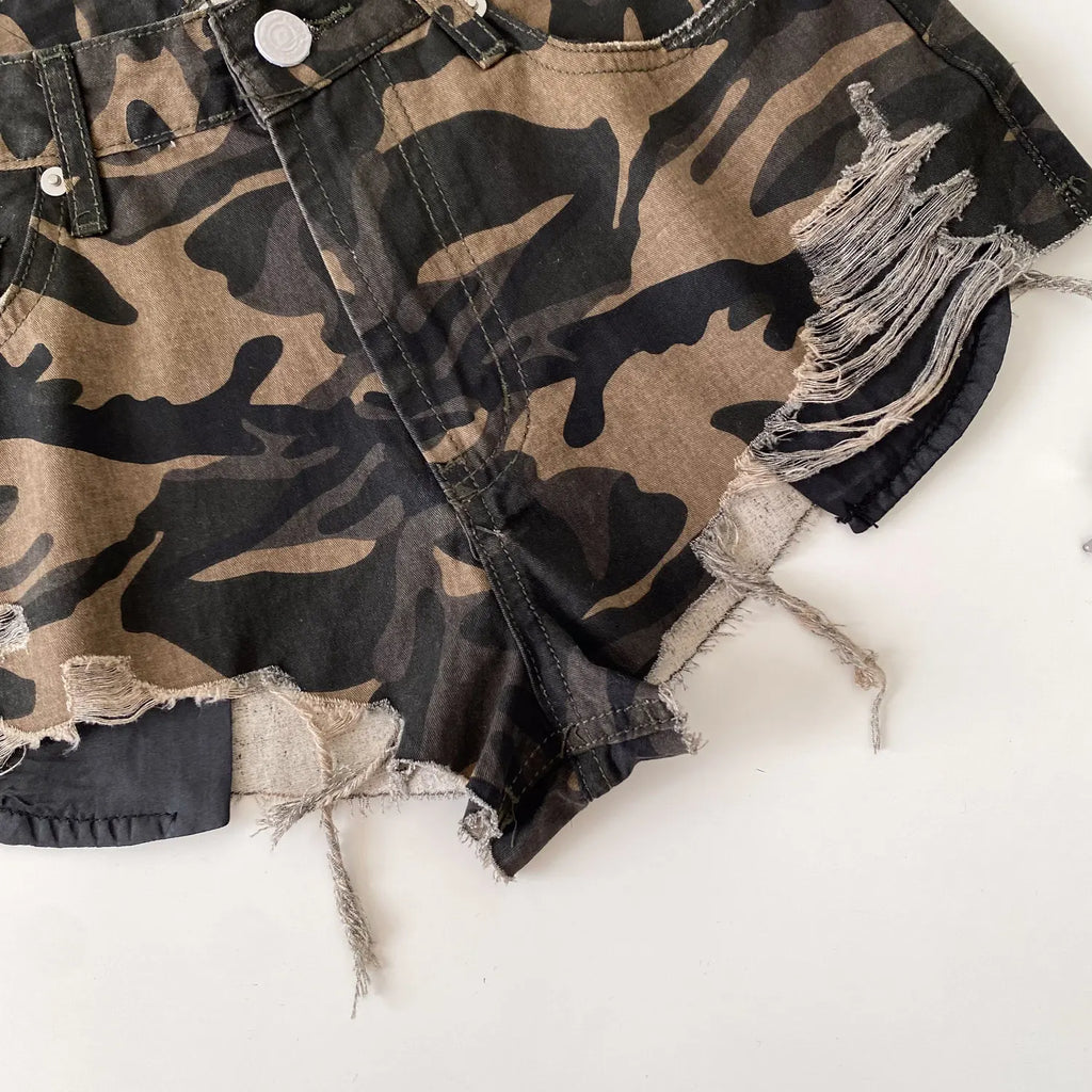 SINGREINY American Retro Camouflage Mini Shorts 2026 Ladies Hollow Out Slim Beach Pants Hot Girl Sexy Print Denim Shorts