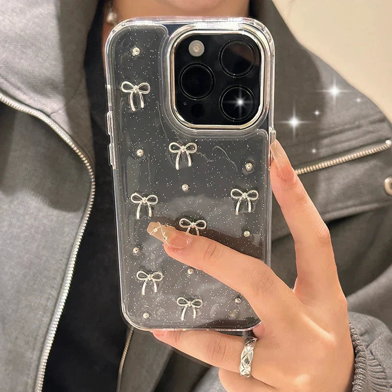 INS Korea Glitter 3D Silver Bow Beads Phone Case For iPhone 16 15 14 13 12 11 17 Pro Max 7 8 Plus X Epoxy Shell Girl Clear Cover