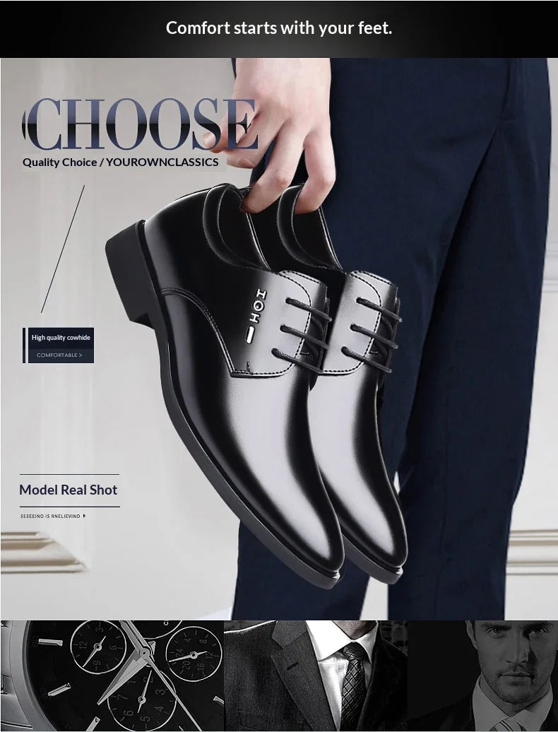Men Height Increasing Shoes 6cm Inner Lift Black Formal Dress Shoes Lace Up Business Casual Elevator Shoes for Wedding Banquet