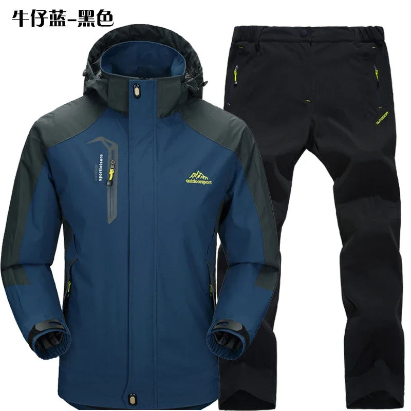Outdoor Jacket Pants Sets Men Fleece Thermal Waterproof Windproof Hooded Jackets Hiking Military Trip Mountain Camping Clothes