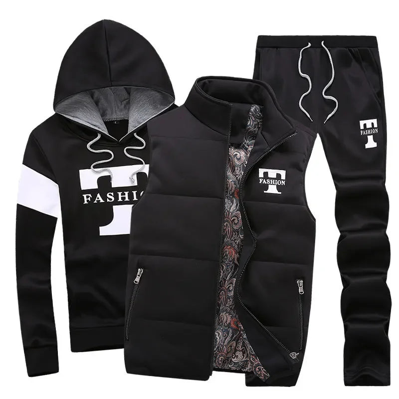 3 Pieces Set Hoodies+Vest+Pants Casual Track Suit Clothing Coats Winter Thick Warm Tracksuit for Couple Printed Mens Set Vest