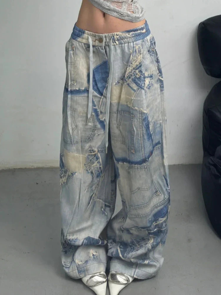 High Waist Print Draw String High Waist Jeans Y2k Vintage Jeans
