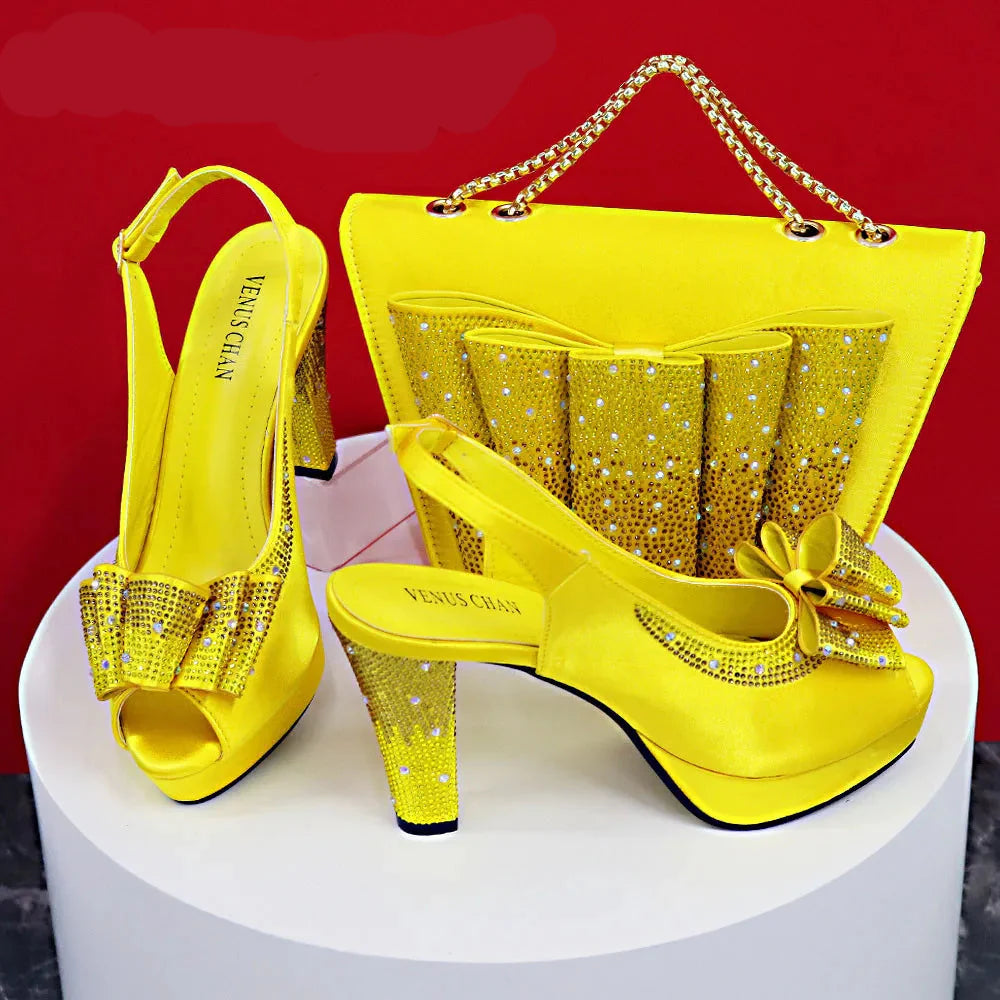 High Quality Yellow Color Fish Beaked Toe Cap Thin Heels Ladies Shoes Matching Bag