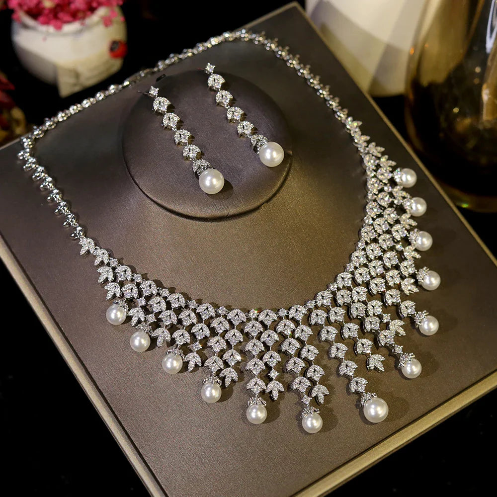 3A Cubic Zirconia Silver Color Tassel Necklace Luxury Pearl Jewelry Sets Bridal Dubai Wedding PROM Accessories