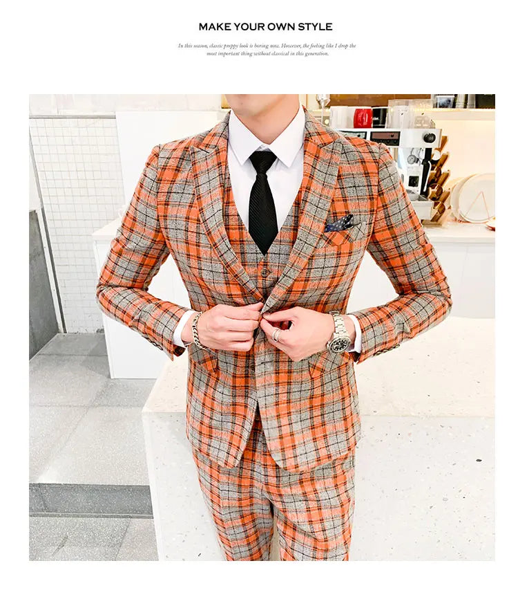 ( Jackets + Vest + Pants ) New Fashion Boutique Plaid Mens Casual Business Suit Groom Wedding Dress Suit 3pces Set Male Blazer