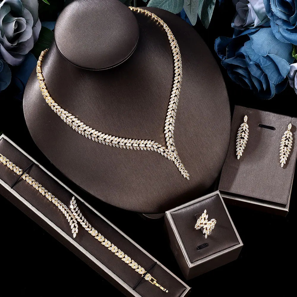2023 New Hot 4 Piece Set Nigeria Bride Cubic zirconia Dubai Necklace Bracelet Earrings CZ Crystal Wedding Jewelry Set