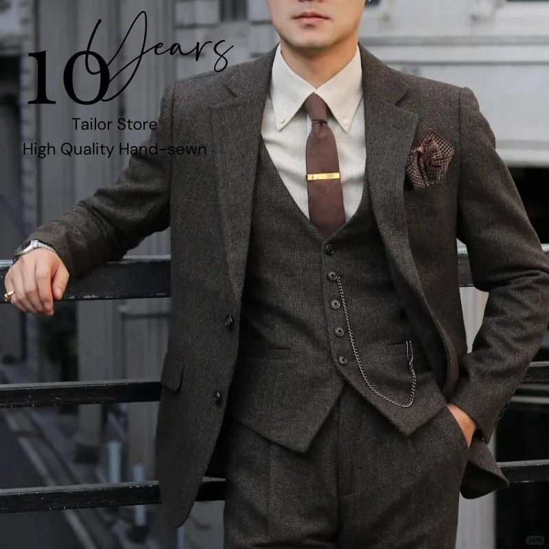 Peaky Blinders Men's 3-Piece Suit Vintage Plaid Wool Autumn/Winter Heavyweight New Style Jacket+Vest+Pants Slim Fit  Formal Suit