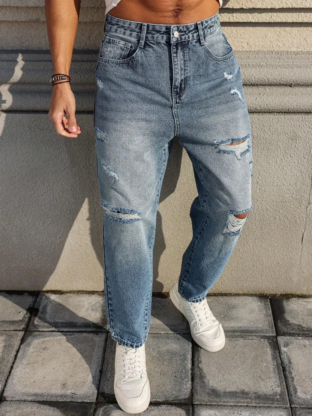 Men's blue ripped jeans, retro distressed beggar pants, street trend loose harem pants