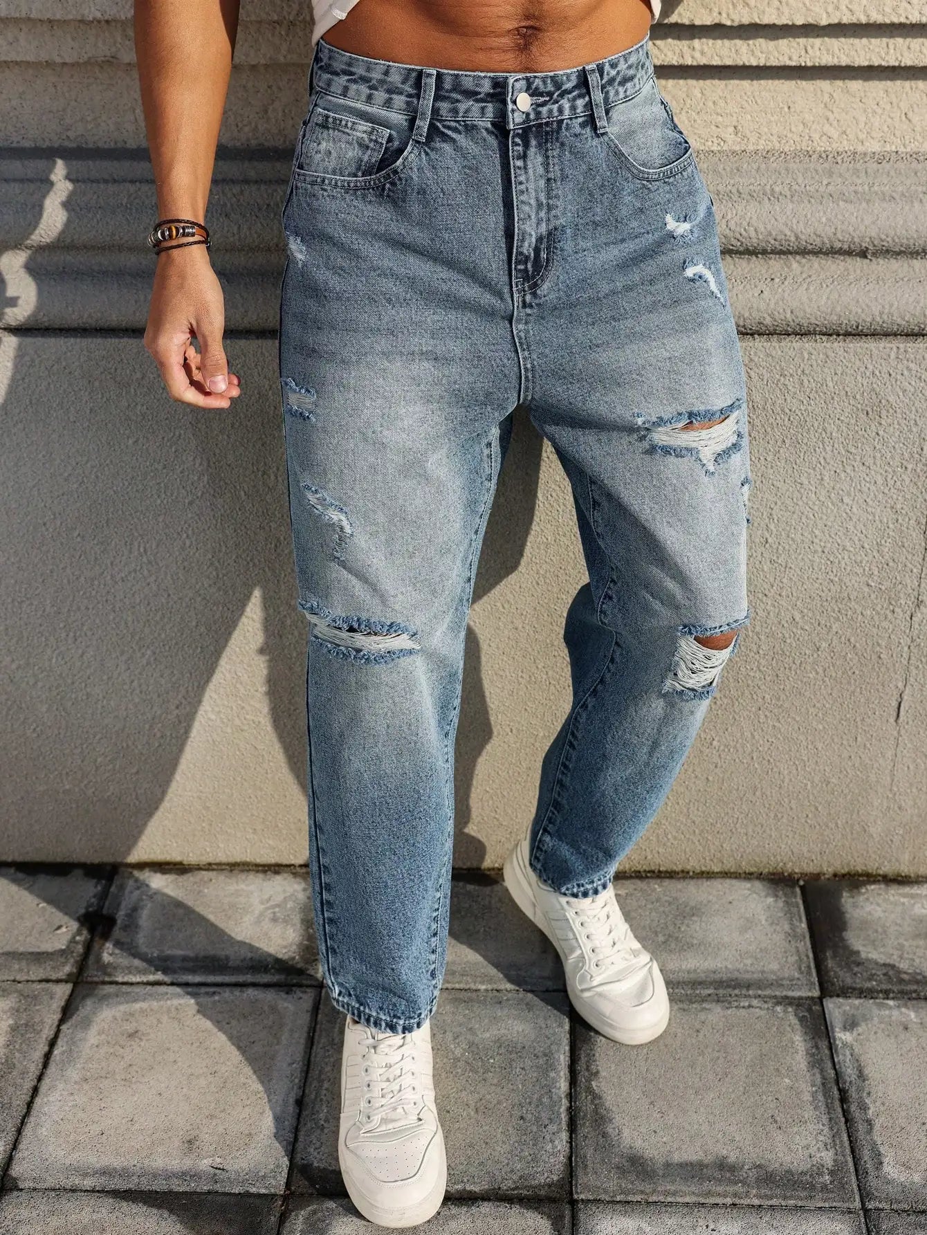 Men's blue ripped jeans, retro distressed beggar pants, street trend loose harem pants
