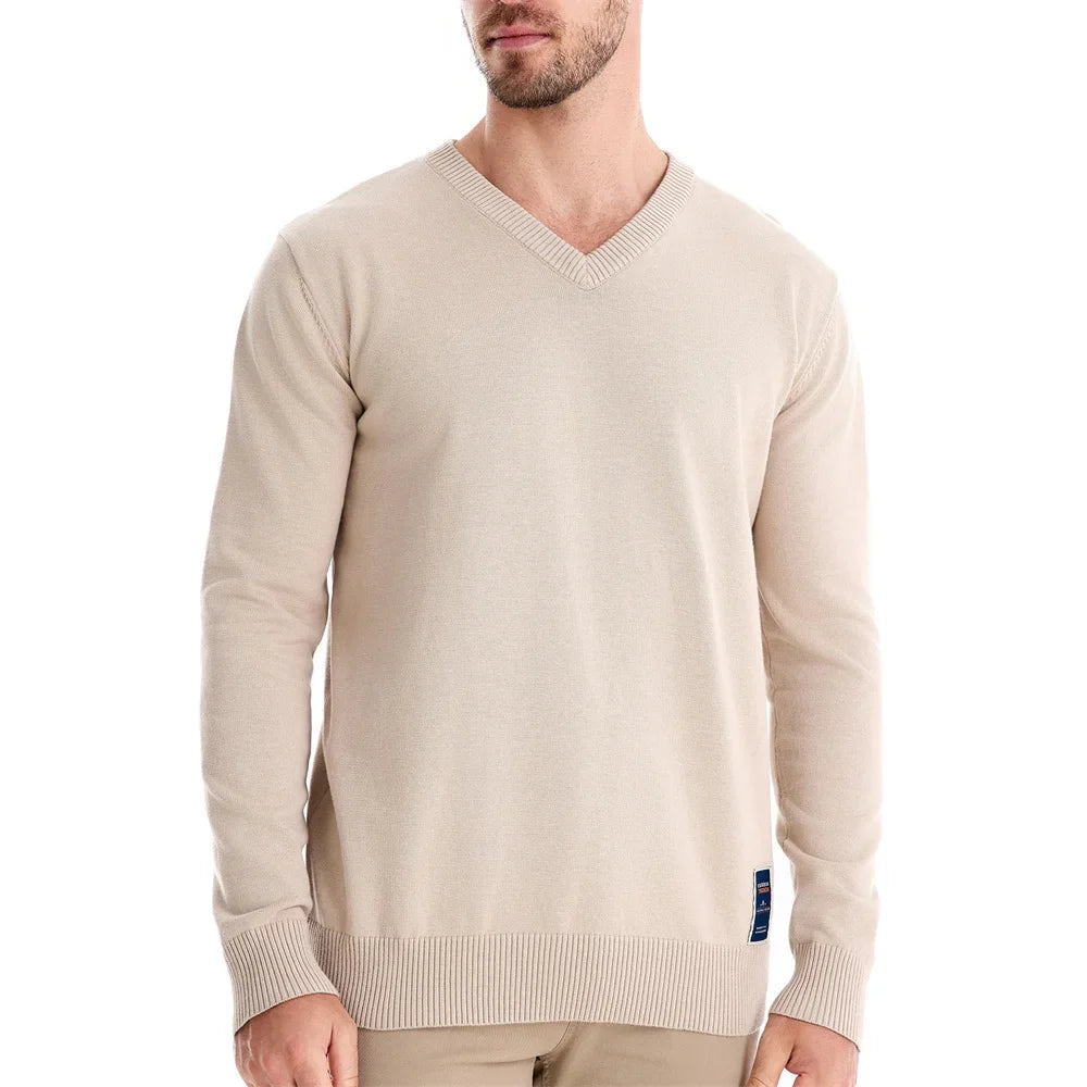 Mens V-neck Solid Cotton Pullover Sweaters Long Sleeve Casual Social Knitted Sweaters for Men