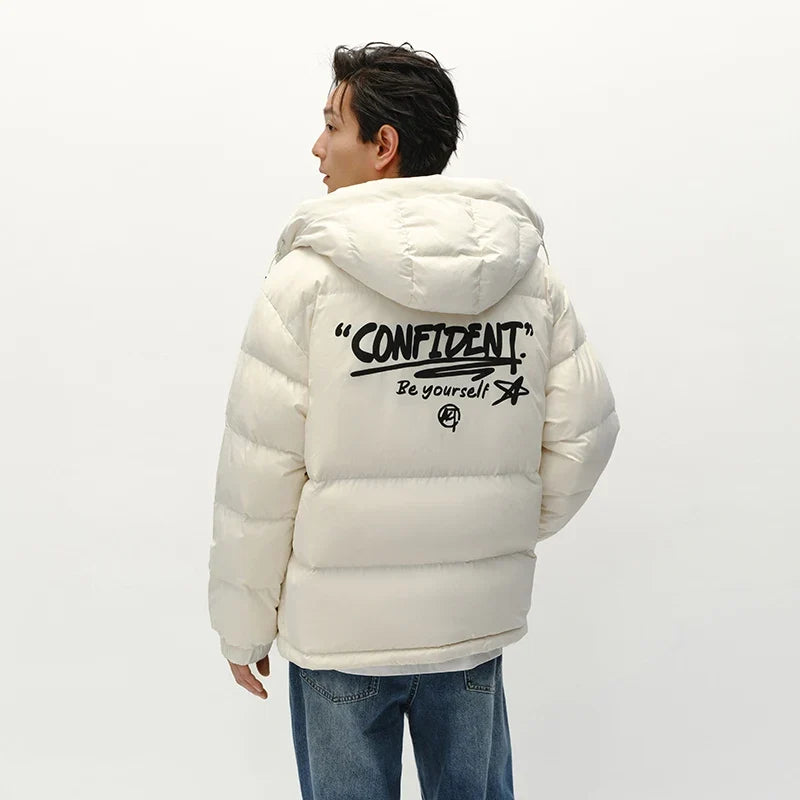 Down Jacket Men Winter 80% Down Fill Loose Hooded Outerwear Textured Street Trendy Letter Printed Top Men'S Clothing