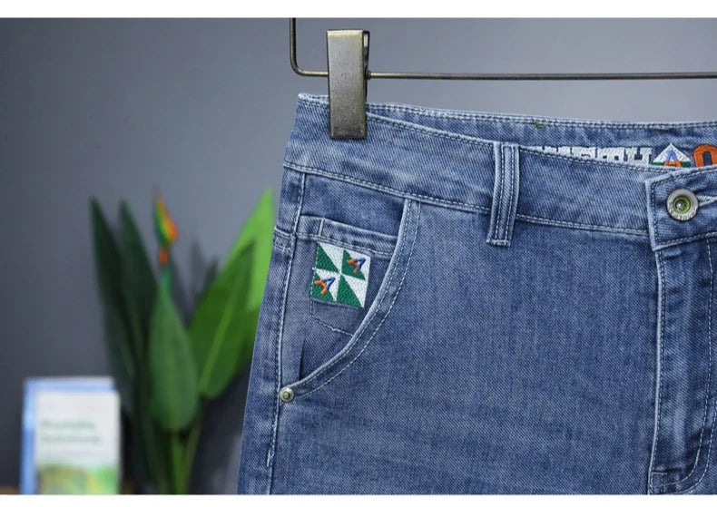 Men's Printed Denim Shorts Summer Thin Fashion Slim Straight Bermuda Jeans Personality Male Short Pants Streetwear