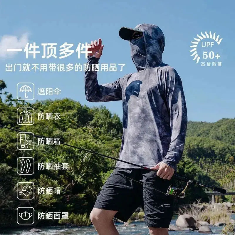 Ultra-thin Tshirts Summer Trendy Prints Lightweight UPF Sun Hoodie with Face Mask Shirt Long Sleeve Breathable UV Fishing Shirt