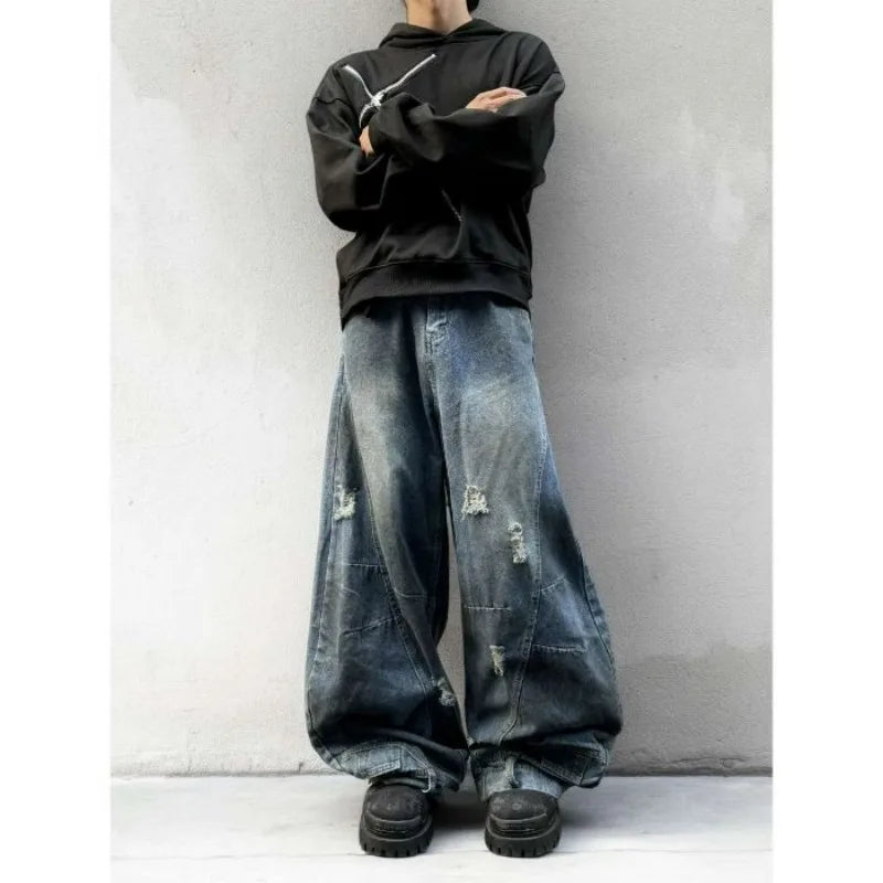 Autumn New Men's 98% Cotton Jeans American Y2k Streetwear Hole Patchwork Design Denim Pants Youth Straight Baggy Stretch Jeans