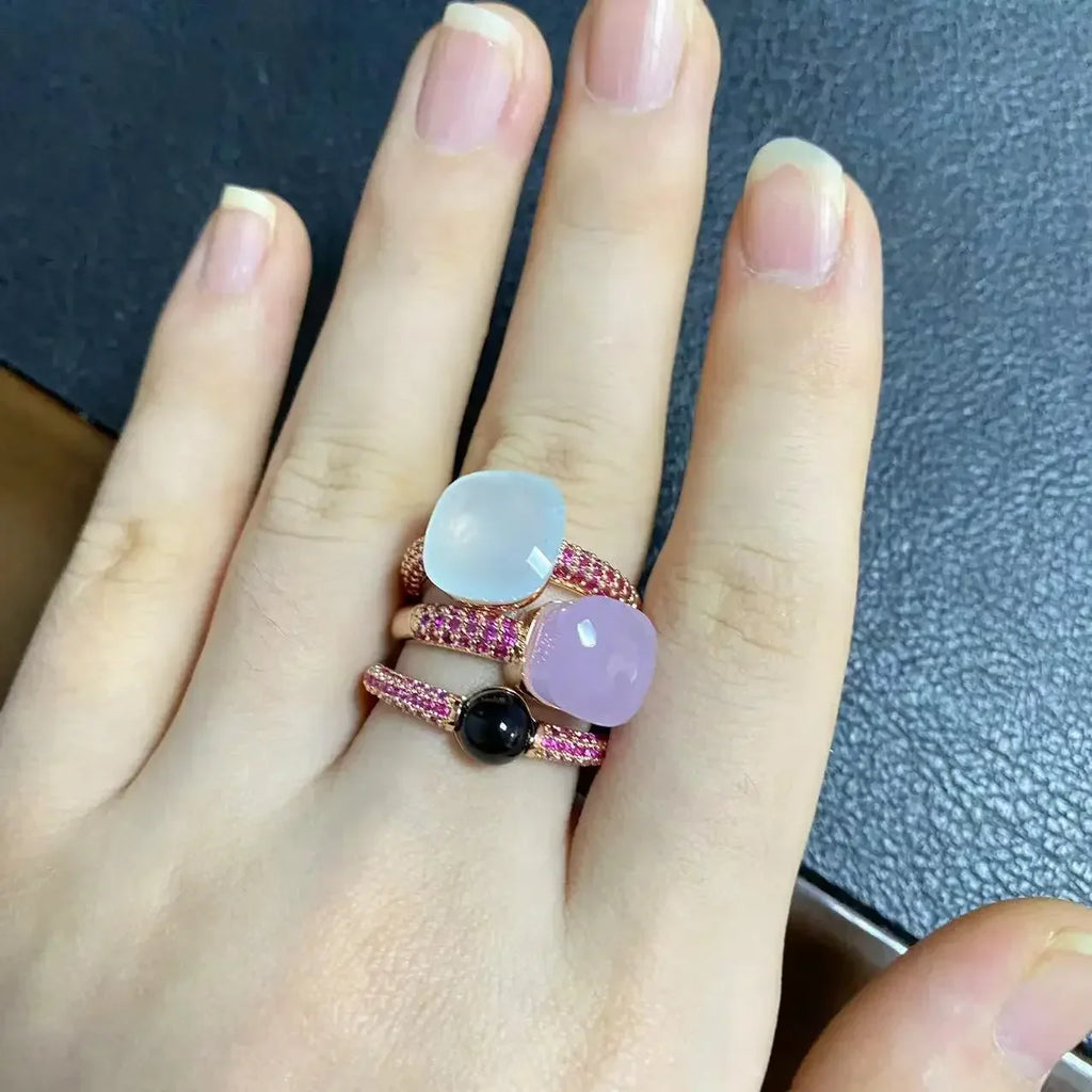 3Pcs/Set Nudo Ring Stacking Set for Women Mix Color Candy Crystal Inlay Zircon Amethyst Blue Topaz Round Jewelry Gift