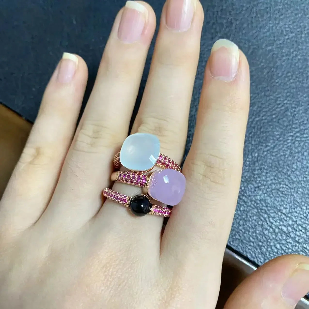 3Pcs/Set Nudo Ring Stacking Set for Women Mix Color Candy Crystal Inlay Zircon Amethyst Blue Topaz Round Jewelry Gift