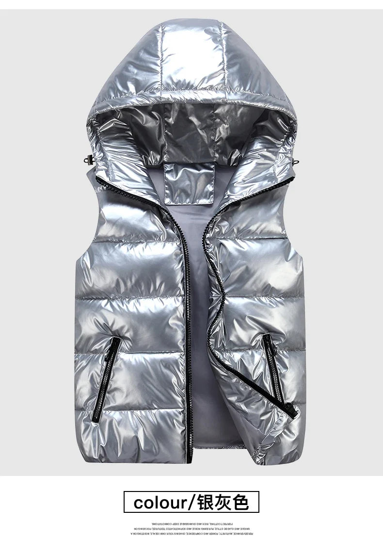 Classic Hooded Vest Man/Woman/Child Winter Hooded Glossy Cotton Vest Casual Waistcoat Men's Sleeveless Jacket Warm Overcoats Hat