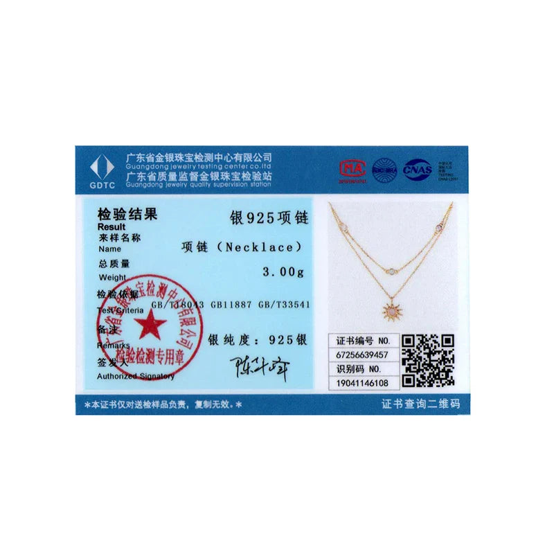 925 Sterling Silver Pink Opal Sun Double-layer Necklace Link Chain with Zircons 18K Gold Plated Pendant for Mother's Gift
