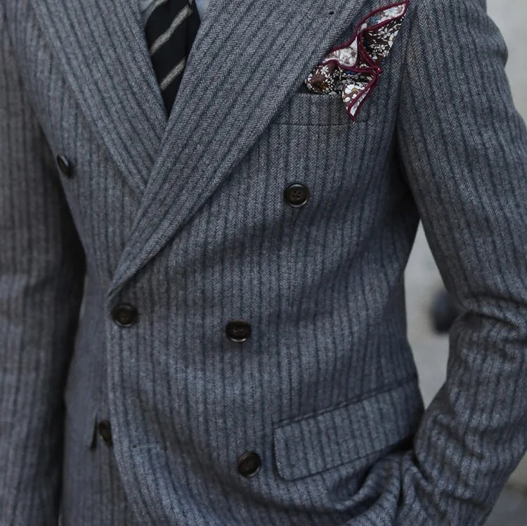 New Thick Style Stripes Herringbone Pattern Men's 2-Piece Suit Double-Breasted Slim Fit Jacket Trousers Vintage Braze Suit