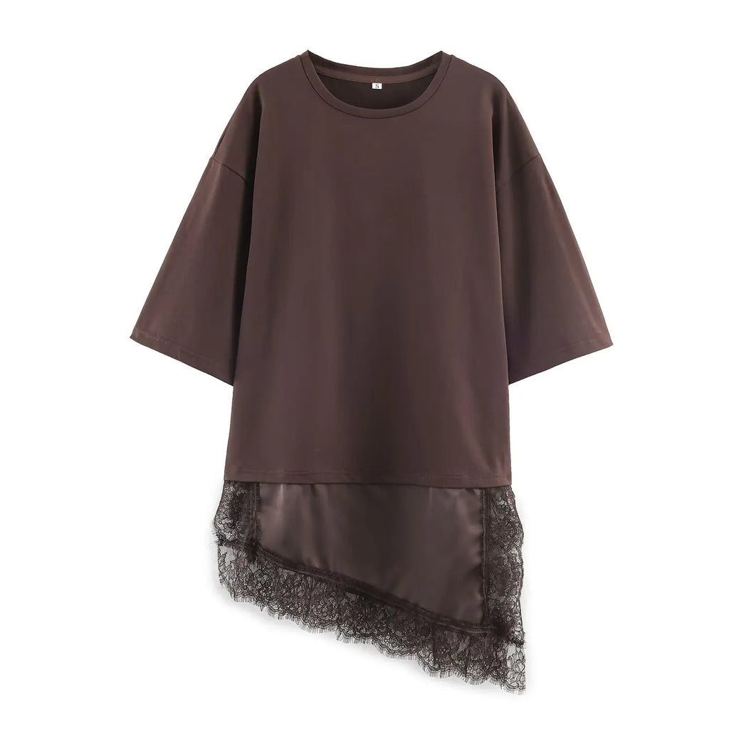 Women Vintage Solid Lace Patchwork T-Shirts Asymmetrical Hem O Neck Short Sleeve Shirt 2026 Trend High Street Lady Chic TEES