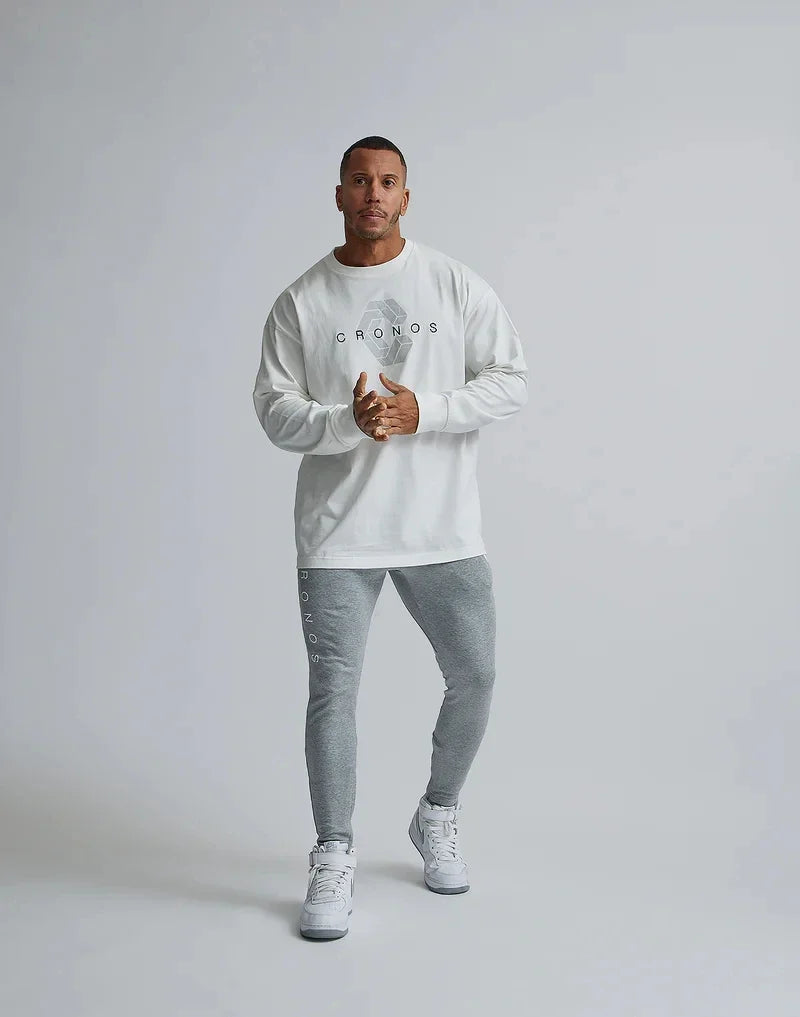 CRONOS Classics Print Long Sleeve 100% Cotton Men T-shirt Gym Fitness Bodybuilding Workout Casual T Shirt Male Sport Tee Tops