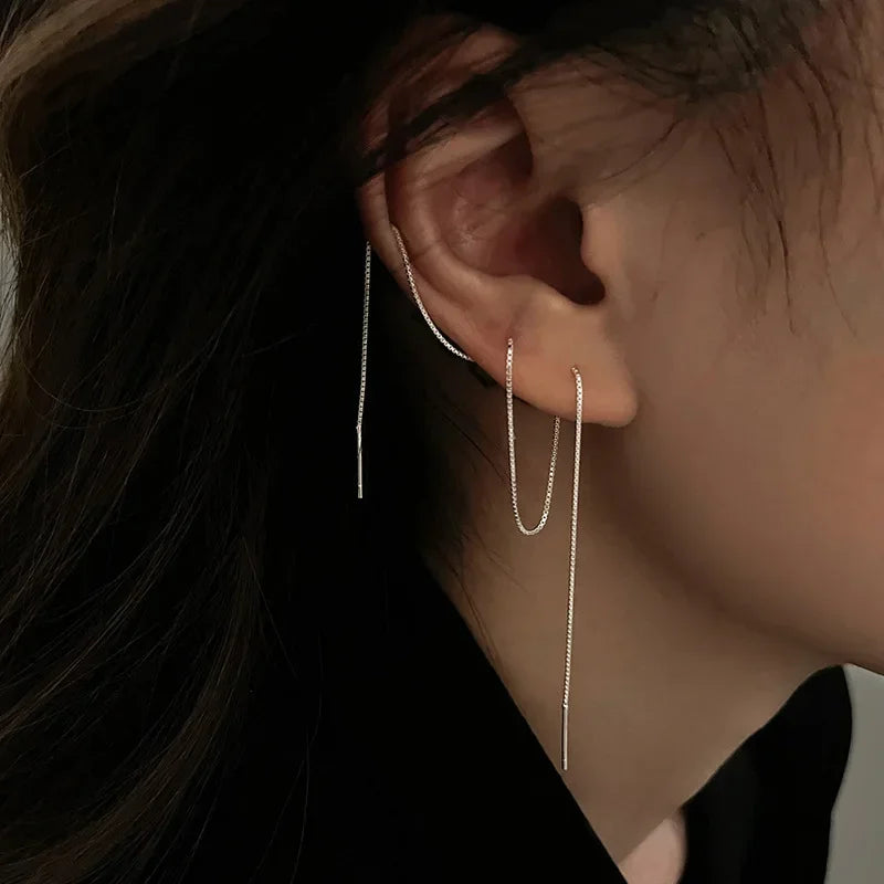 Retro Classic Long Tassel Ear Line Drop Dangle Earring for Women Charm Silver Color Stainless Steel Chain Hanging Earing Jewelry