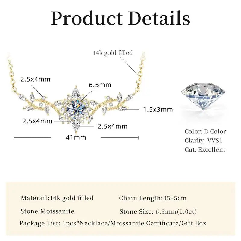 Certificated Moissanite Necklace 14K Gold Filled Sophisticated Floral Leaf Pendant Necklaces for Women Wedding Jewelry