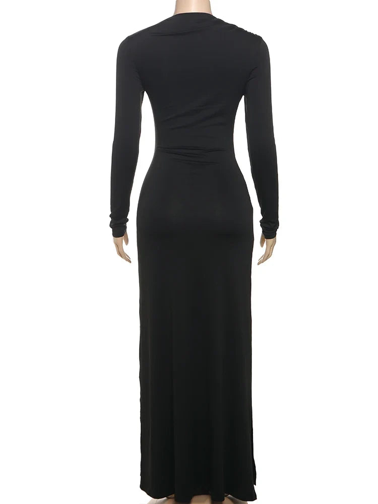 Ruched Elegant Maxi Dress Women Daily Casual Fashion Skinny Full Sleeve Solid Gown Midnight Prom Party Long Bodycon