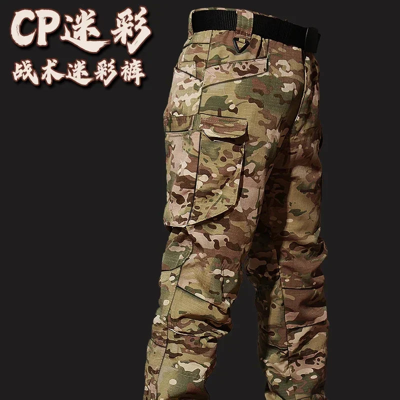 Autumn Tactical Sets Men Outdoor Breathable Short Sleeve Tshirt+Waterproof Straight Pant 2 Pcs Suits Camo Multi-pocket Cargo Set