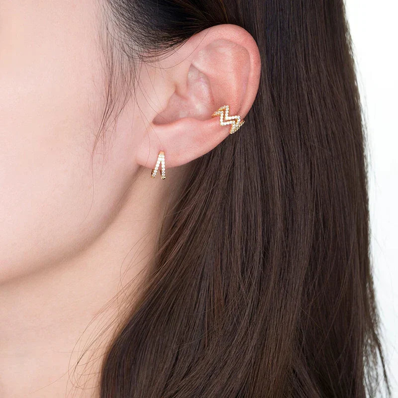 925 Sterling Silver Fashion Luxury Shiny Double Layer Zircon Huggies Hoop Earrings for Women Plated 18k Gold Fine Jewelry