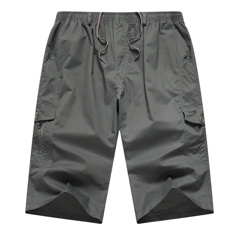 Men's Cargo Shorts 3/4 Below Knee Cotton Drawstring Running Shorts Outdoor Relaxed Fit Casual Sport Hiking Fishing Jogger Shorts