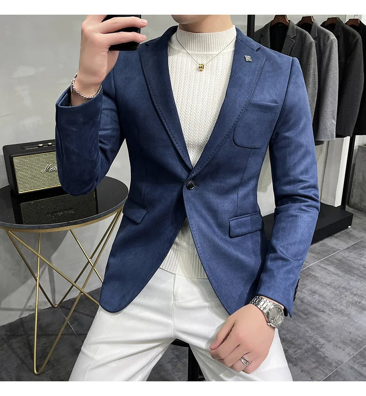 Plus Size 4XL-M Autumn Deerskin Velvet Jackets Blazer 6 Color Men Business Slim Blazers Hommes Casual Wedding Tuxedo Suit Coat