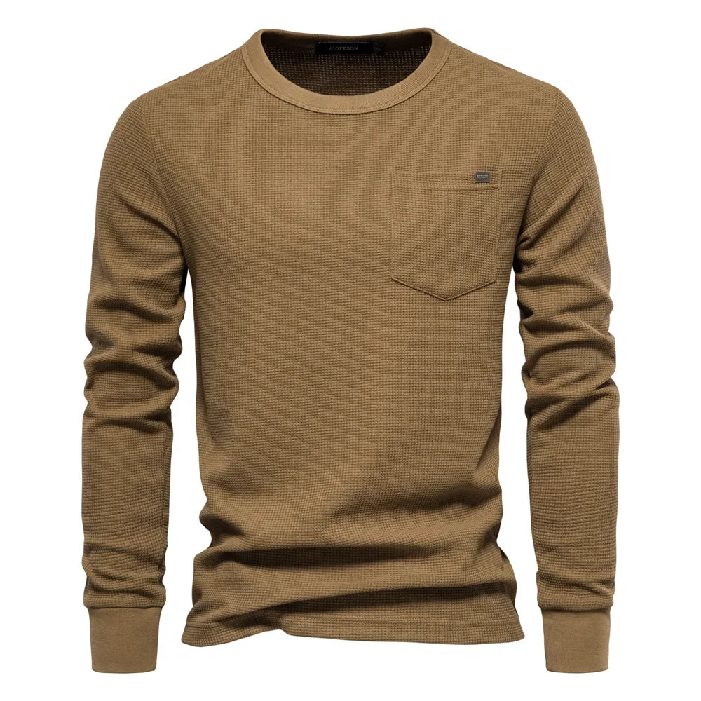 Waffle Cotton Solid Color Men Tshirts Single Pocket Long Sleeve Tee Shirts for Men New Spring Basic Breathable Tops Men