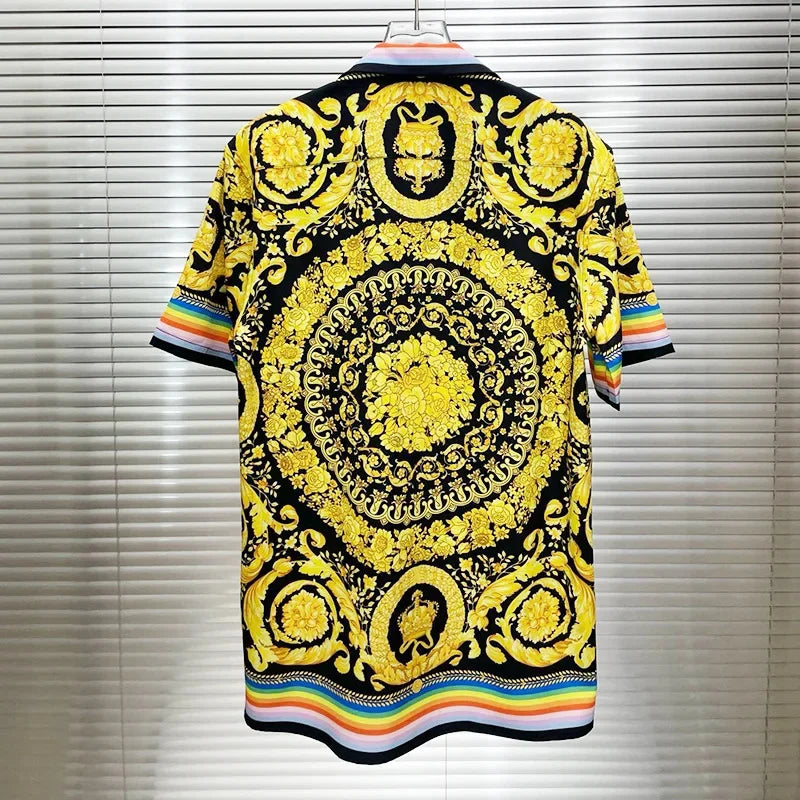 Luxury Royal Short sleeved Shirt for Men's Summer Casual Social Paisley Striped Side Flower Printed Shirt